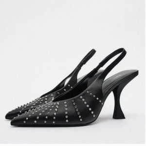 Zara Sexy Edgy Studded Sling Back Heels Black Size 36
